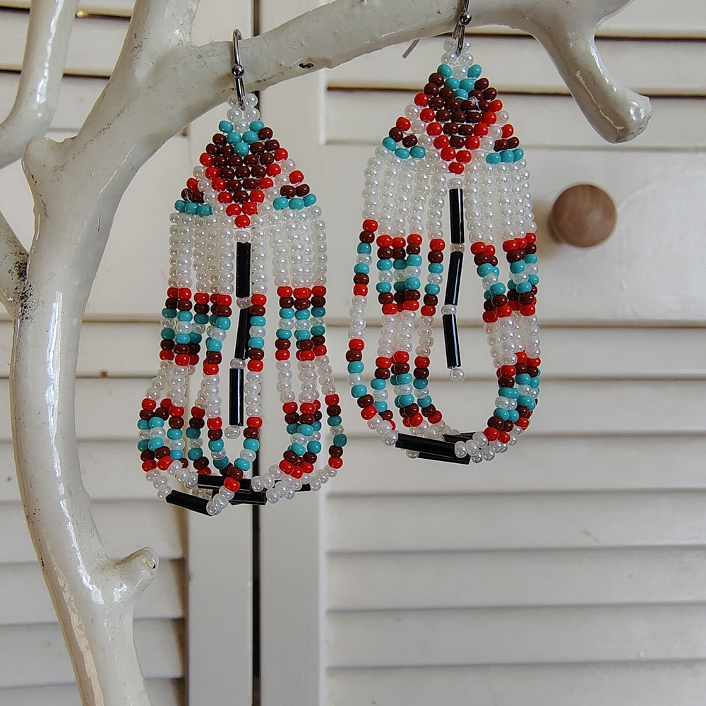 Handmade Beaded Fringe Earrings – Red, Turquoise  – Stainless Steel Hooks OS - Picture 2 of 3